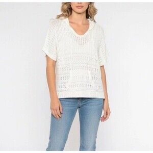 American Eagle Crochet Hooded Top Size M Cream Boho Open Knit Half Sleeves